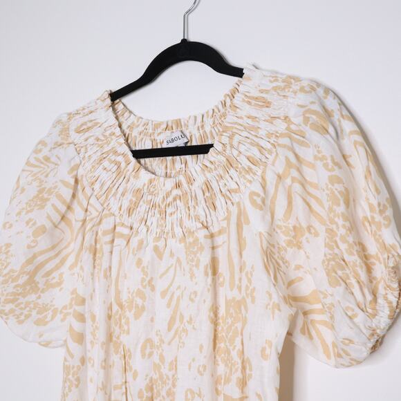 SABO LUXE Camari Linen Dress Smocked Patterned Ruffle Hem White Beige Women's L - Picture 5 of 13